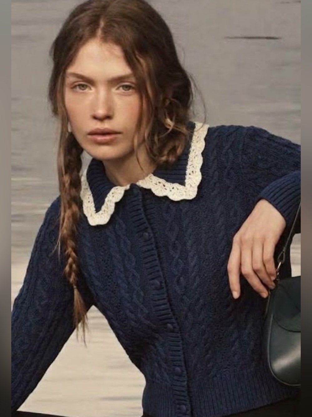 Jessica Simpson size L Navy Cable-Knit Cardigan with Cream Lace Collar